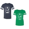 thumbnail image 1 of King Queen White Pentagon Unisex Couple Matching Cotton Jersey style T-Shirt Contrasting stripes on sleeves (Men Navy / Women Green) (Men S / Women XXL), 1 of 3