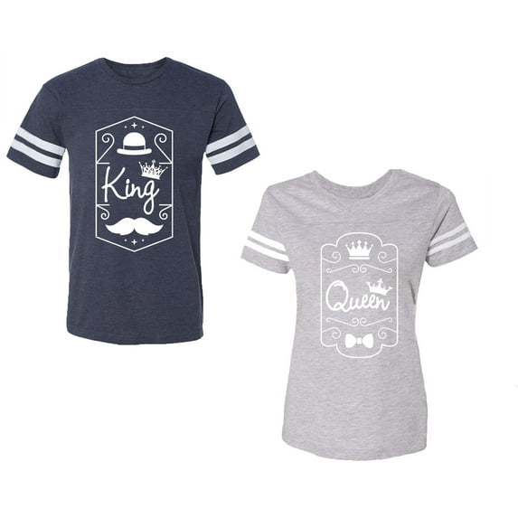 King Queen White Pentagon Unisex Couple Matching Cotton Jersey style T-Shirt Contrasting stripes on sleeves (Men Navy / Women Heather) (Men XXL / Women XXL)