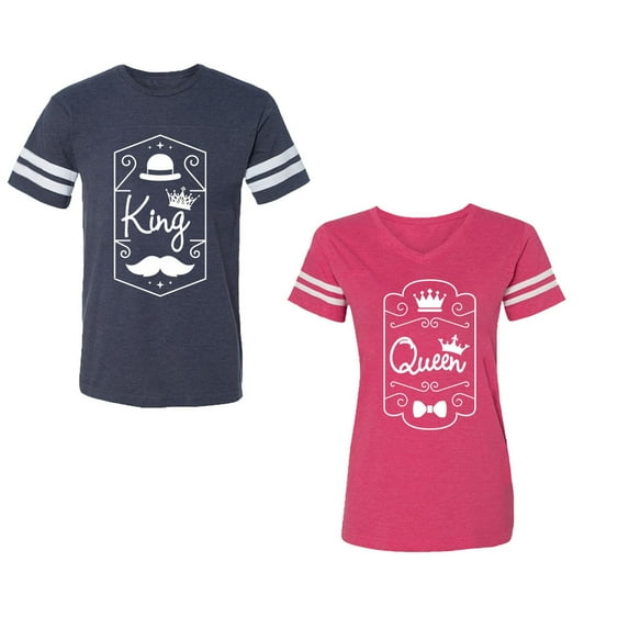 King Queen White Pentagon Unisex Couple Matching Cotton Jersey style T-Shirt Contrasting stripes on sleeves (Men Navy / Women Pink) (Men XXL / Women S)