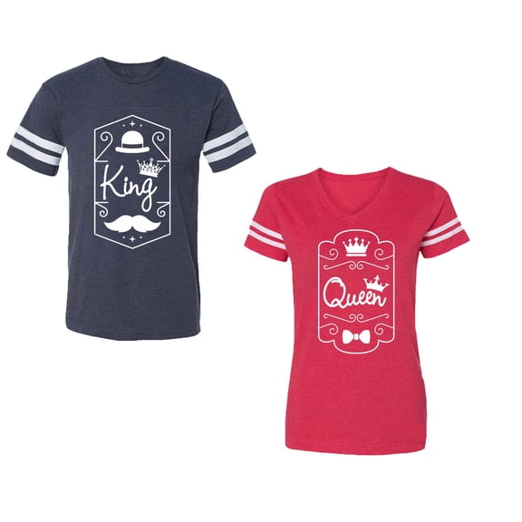 King Queen White Pentagon Unisex Couple Matching Cotton Jersey style T-Shirt Contrasting stripes on sleeves (Men Navy / Women Red) (Men XXL / Women S)
