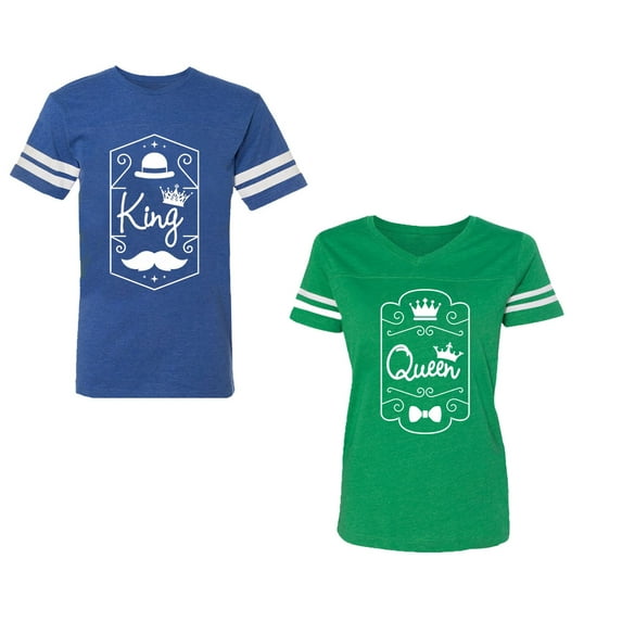 King Queen White Pentagon Unisex Couple Matching Cotton Jersey style T-Shirt Contrasting stripes on sleeves (Men Royal / Women Green) (Men M / Women XXL)
