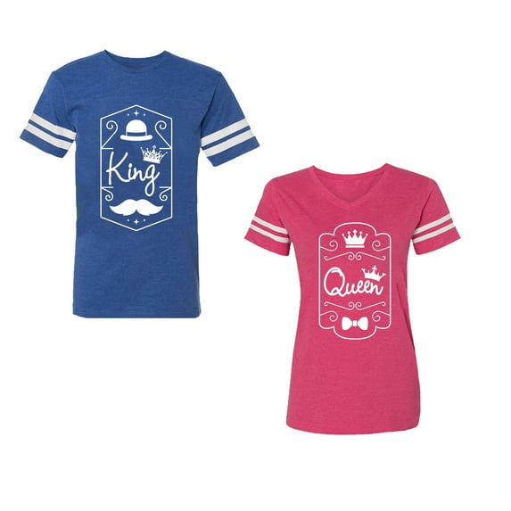 King Queen White Pentagon Unisex Couple Matching Cotton Jersey style T-Shirt Contrasting stripes on sleeves (Men Royal / Women Pink) (Men XL / Women XXL)