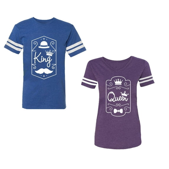 King Queen White Pentagon Unisex Couple Matching Cotton Jersey style T-Shirt Contrasting stripes on sleeves (Men Royal / Women Purple) (Men M / Women S)
