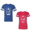 thumbnail image 1 of King Queen White Pentagon Unisex Couple Matching Cotton Jersey style T-Shirt Contrasting stripes on sleeves (Men Royal / Women Red) (Men M / Women XXL), 1 of 3