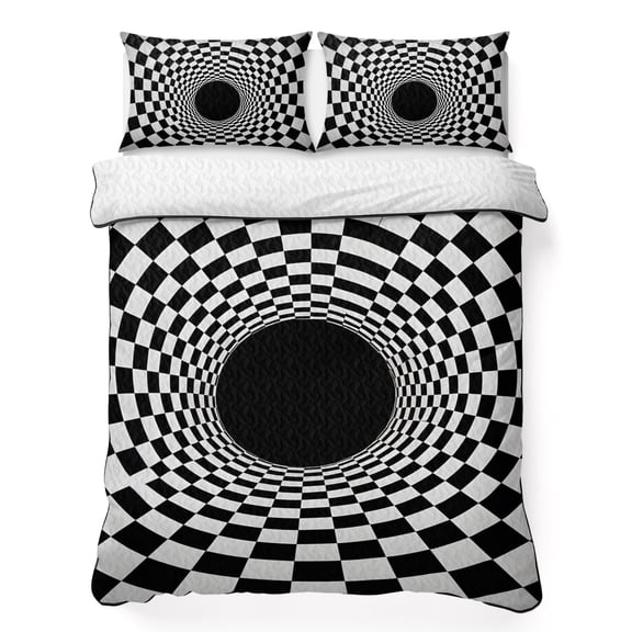 King Quilt Bedding Set 3D Vortex Tunnel Summer Quilt Lightweight Quilted Coverlet with 2 Pillow Shams, Black White Optical Illusion Background 3-Piece Bedspread Quilt Set for All Season