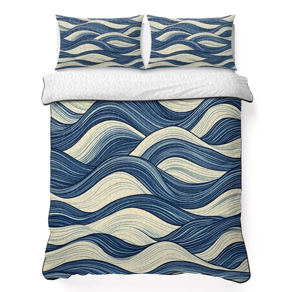 King Quilt Bedding Set, Abstract Blue White Wave Texture Soft Microfiber Summer Bedspread Coverlet with 2 Pillow Shams, Watercolor Stripe Seamless Breathable Bedding Set for Hot Sleepers