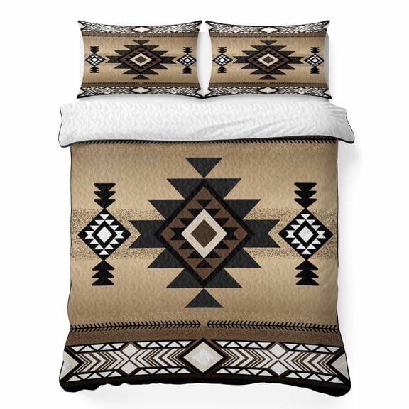 King Quilt Bedding Set Abstract Boho Brown Geometric Pattern Lightweight Summer Quilted Coverlet for Hot Sleepers, Retro Southwest Theme Breathable Soft Blanket with 2 Pillow Shams for All Season