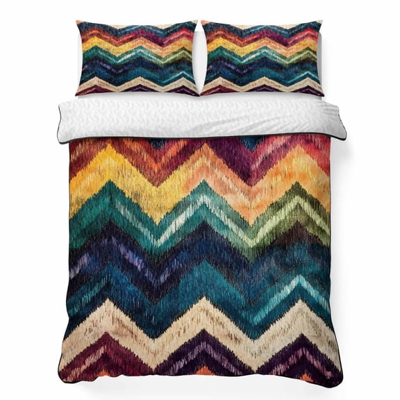 King Quilt Bedding Set Abstract Colorful Zigzag Striped Summer Quilt Lightweight Quilted Coverlet with 2 Pillow Shams, Modern Geometric Art 3-Piece Bedspread Quilt Set for All Season