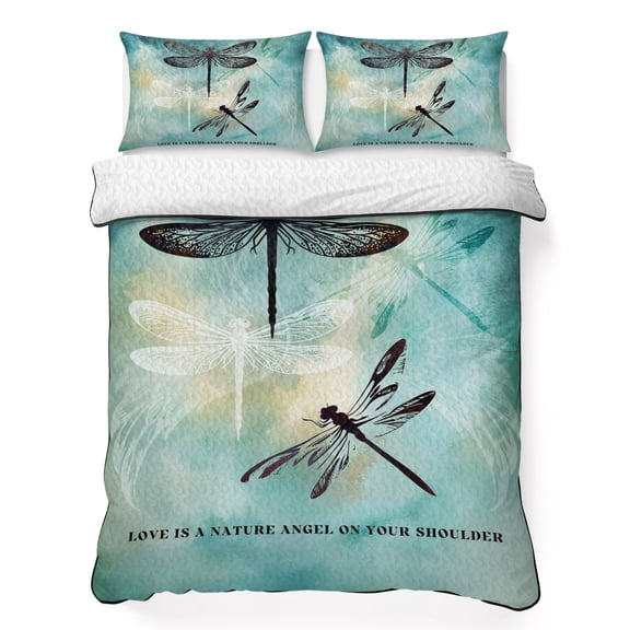 King Quilt Bedding Set, Abstract Dragonfly Pastoral Soft Microfiber Summer Bedspread Coverlet with 2 Pillow Shams for All Season, Gradient Turquoise Breathable Bedding Set for Hot Sleepers