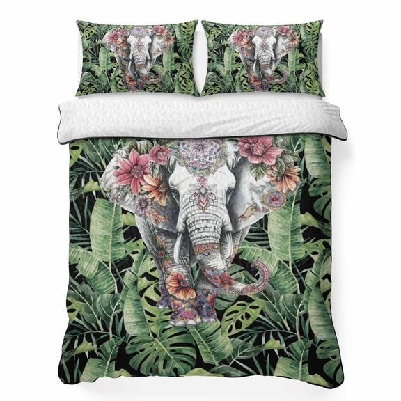 King Quilt Bedding Set, Abstract Ethnic Elephant Flower Leaf Soft Microfiber Summer Bedspread Coverlet with 2 Pillow Shams, Tropical Leaves on Black Breathable Bedding Set for Hot Sleepers