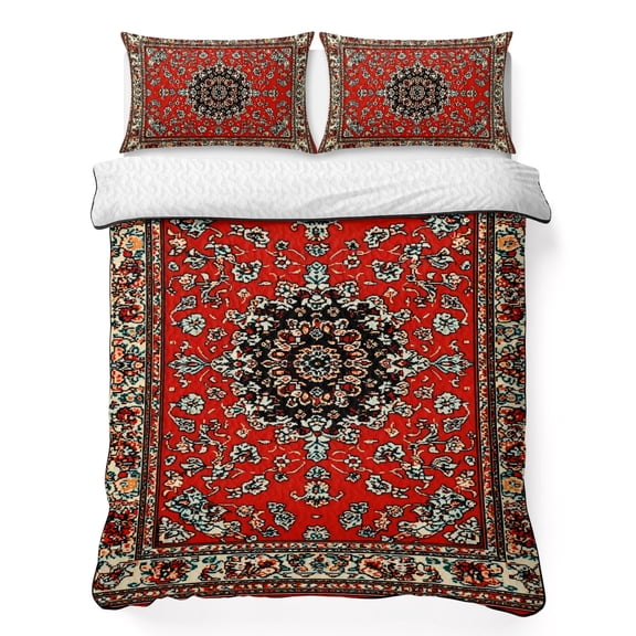 King Quilt Bedding Set, Abstract Flower Retro Ethnic Style Soft Microfiber Summer Bedspread Coverlet with 2 Pillow Shams for All Season, Burgundy Red Breathable Bedding Set for Hot Sleepers