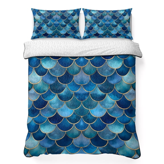 King Quilt Bedding Set Abstract Geometric Patchwork Summer Quilt Lightweight Quilted Coverlet with 2 Pillow Shams, Retro Blue Gradient Pattern 3-Piece Bedspread Quilt Set for All Season