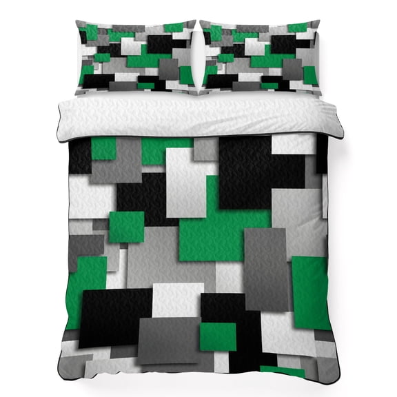 King Quilt Bedding Set, Abstract Geometric Square Art Soft Microfiber Summer Bedspread Coverlet with 2 Pillow Shams, Modern Green Gray Black Grid Breathable Bedding Set for Hot Sleepers