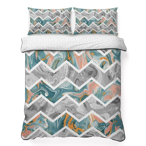 King Quilt Bedding Set Abstract Geometric Zigzag Chevron Summer Quilt Lightweight Quilted Coverlet with 2 Pillow Shams, Modern Marble Texture 3-Piece Bedspread Quilt Set for All Season