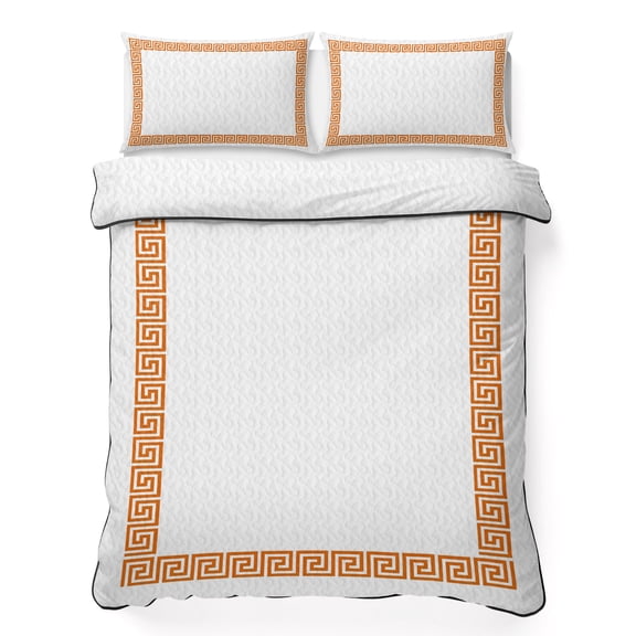 King Quilt Bedding Set, Abstract Greek Inspired Art Soft Microfiber Summer Bedspread Coverlet with 2 Pillow Shams for All Season, Orange Twist Line Key Pattern Breathable Bedding Set for Hot Sleepers