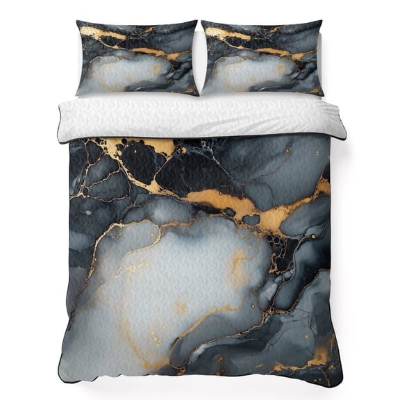 King Quilt Bedding Set Abstract Marble Marble Texture Summer Quilt Lightweight Quilted Coverlet with 2 Pillow Shams, Black White Gradient 3-Piece Bedspread Quilt Set for All Season