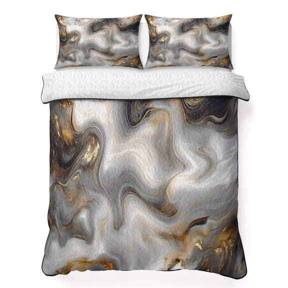 King Quilt Bedding Set Abstract Modern Flowing Marble Art Summer Quilt Lightweight Quilted Coverlet with 2 Pillow Shams, Gray and Gold 3-Piece Bedspread Quilt Set for All Season
