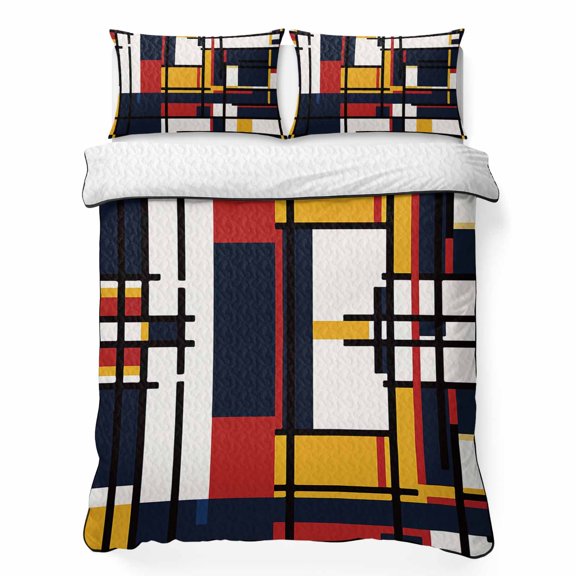 King Quilt Bedding Set Abstract Mondrian Color Block Breathable Summer Cooling Blanket for Hot Sleepers, Colorful Geometric Stripe Art Soft Bedding Set with 2 Pillow Shams for All Season
