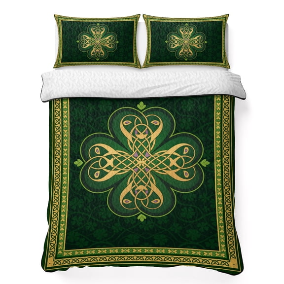 King Quilt Bedding Set, Abstract Shamrock Celtic Knot Soft Microfiber Summer Bedspread Coverlet with 2 Pillow Shams, St. Patrick's Day Green Theme Breathable Bedding Set for Hot Sleepers