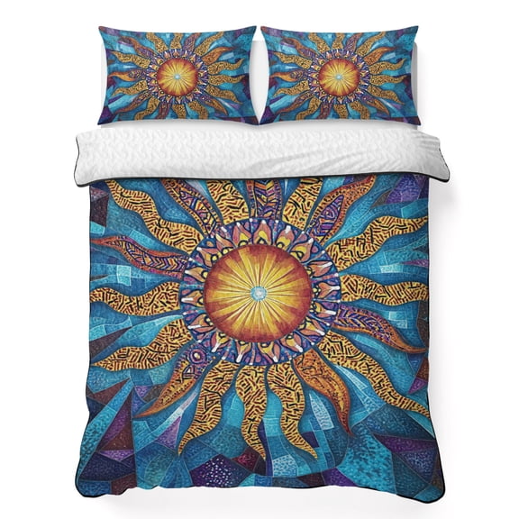 King Quilt Bedding Set, Abstract Sun Pattern Soft Microfiber Summer Bedspread Coverlet with 2 Pillow Shams for All Season, Classic Bohemian Flame Breathable Bedding Set for Hot Sleepers
