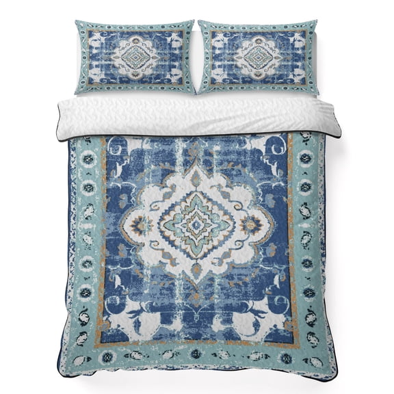 King Quilt Bedding Set, Abstract Traditional Oriental Floral Soft Microfiber Summer Bedspread Coverlet with 2 Pillow Shams for All Season, Teal Blue Breathable Bedding Set for Hot Sleepers