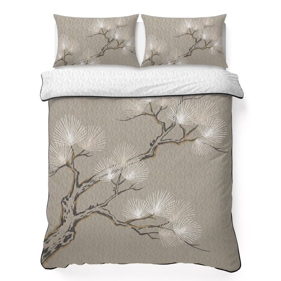 King Quilt Bedding Set Abstract Tree Ink Lines Breathable Summer Cooling Blanket for Hot Sleepers, Oriental Zen Style Lightweight Soft Bedding Set with 2 Pillow Shams for All Season