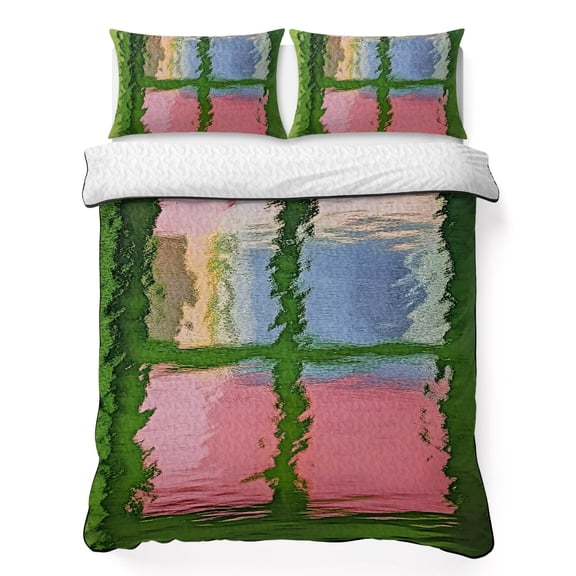 King Quilt Bedding Set, Abstract Window View Soft Microfiber Summer Bedspread Coverlet with 2 Pillow Shams for All Season, Blurry Garden Sunlight Breathable Bedding Set for Hot Sleepers