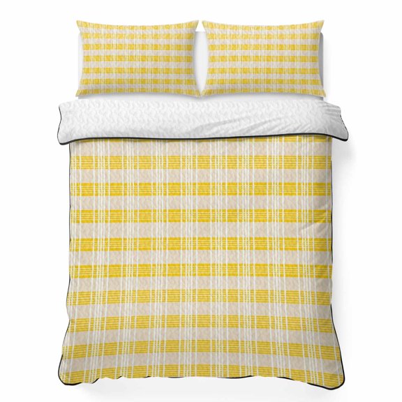 King Quilt Bedding Set Abstract Yellow Plaid Vintage Grid Breathable Summer Cooling Blanket for Hot Sleepers, Retro Farmhouse Style Lightweight Soft Bedding Set with 2 Pillow Shams for All Season