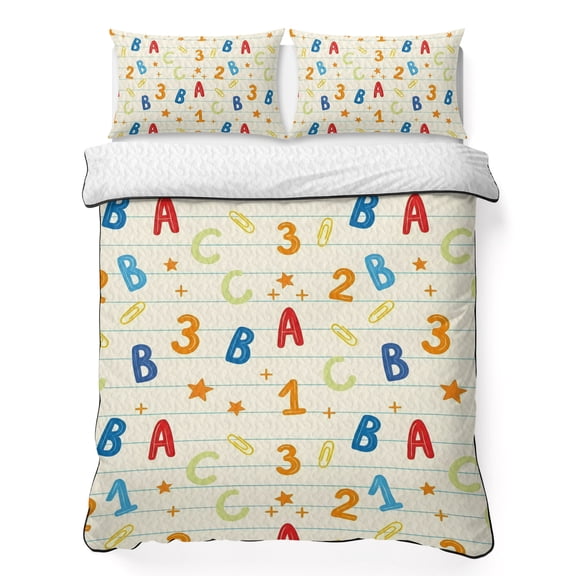 King Quilt Bedding Set, Alphabet Letters Numbers Soft Microfiber Summer Bedspread Coverlet with 2 Pillow Shams for All Season, Educational Learning Pattern Breathable Bedding Set for Hot Sleepers