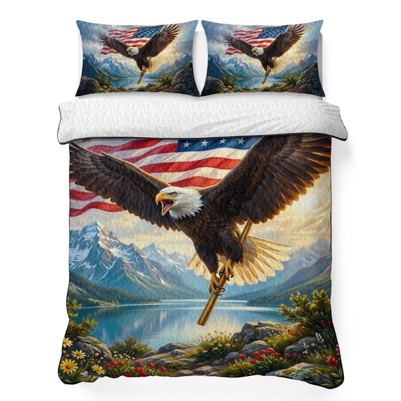King Quilt Bedding Set, American Flag Patriotic Eagle Soft Microfiber Summer Bedspread Coverlet with 2 Pillow Shams, Mountain Lake Flower Scenery Breathable Bedding Set for Hot Sleepers