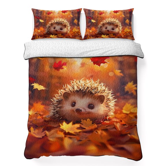 King Quilt Bedding Set, Autumn Maple Leaves Cute Hedgehog 3 Piece Bedding Set Lightweight Breathable Quilt with 2 Pillow Shams, Cartoon Orange Leaves Soft Summer Comforter for Hot Sleepers