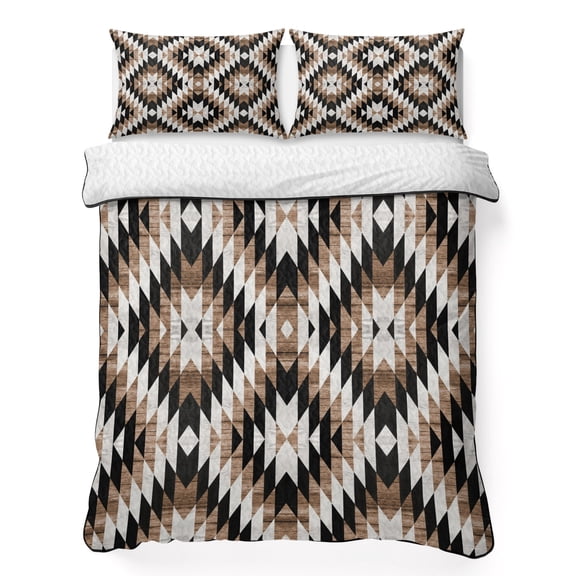 King Quilt Bedding Set, Aztec Brown Ethnic Style Soft Microfiber Summer Bedspread Coverlet with 2 Pillow Shams for All Season, Abstract Geometric Breathable Bedding Set for Hot Sleepers