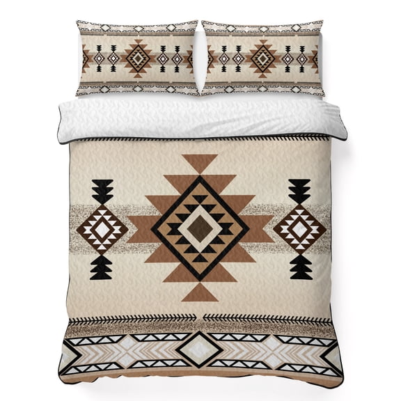 King Quilt Bedding Set, Aztec Retro Brown Ethnic Style Soft Microfiber Summer Bedspread Coverlet with 2 Pillow Shams for All Season, Abstract Geometric Breathable Bedding Set for Hot Sleepers