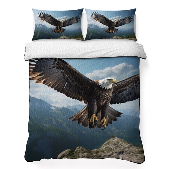 King Quilt Bedding Set, Bald Eagle Soaring Above Mountains Wild Birds 3 Piece Bedding Set Breathable Quilt with 2 Pillow Shams, Nature Photography Soft Microfiber Summer Comforter for Hot Sleepers