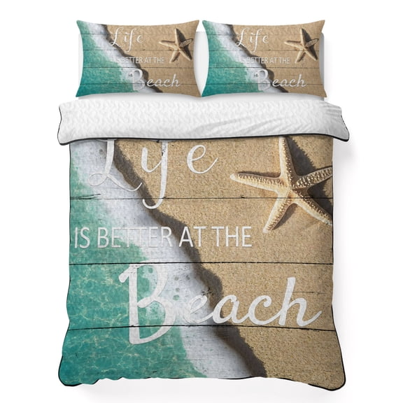 King Quilt Bedding Set, Beach Life Seaside Starfish Sea Water Soft Microfiber Summer Bedspread Coverlet with 2 Pillow Shams, Sand Coastal Nautical Theme Breathable Bedding Set for Hot Sleepers