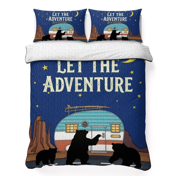 King Quilt Bedding Set, Bear Camping RV 3 Piece Bedding Set Lightweight Breathable Quilt with 2 Pillow Shams, Starry Night Sky Moon Star Soft Microfiber Summer Comforter for Hot Sleepers