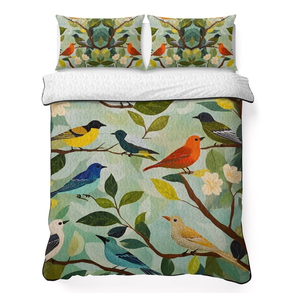 King Quilt Bedding Set, Bird Pastoral Bird Flowers Soft Microfiber Summer Bedspread Coverlet with 2 Pillow Shams for All Season, Abstract Country Animal Breathable Bedding Set for Hot Sleepers