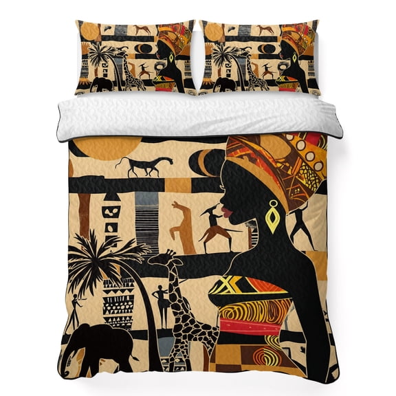 King Quilt Bedding Set, Black African Female Soft Microfiber Summer Bedspread Coverlet with 2 Pillow Shams for All Season, Ethnic Wind Elephant Giraffe Breathable Bedding Set for Hot Sleepers