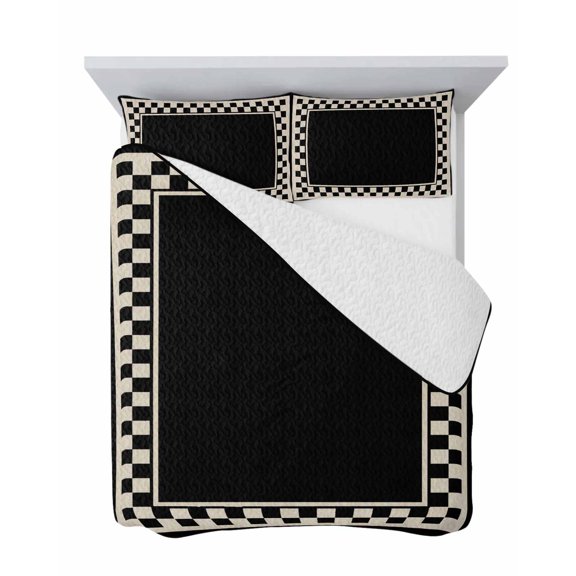 King Quilt Bedding Set, Black Checkered Border Soft Microfiber Summer Bedspread Coverlet with 2 Pillow Shams for All Season, Retro Minimalist Style Breathable Bedding Set for Hot Sleepers