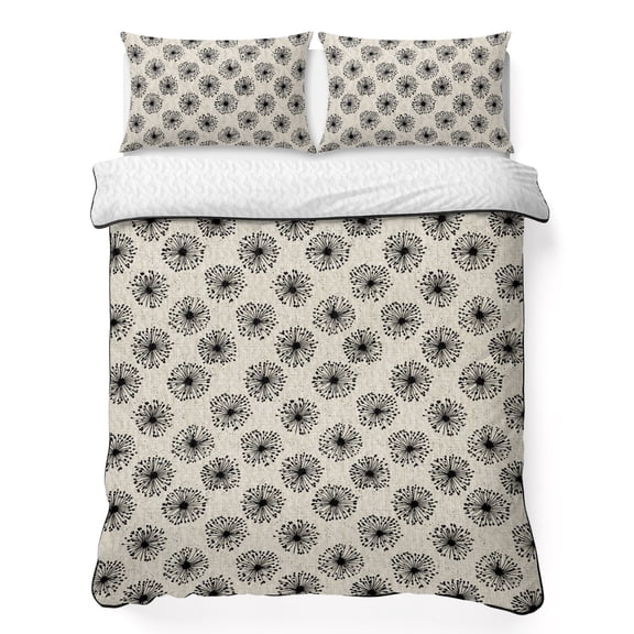 King Quilt Bedding Set, Black Dandelion on Vintage Linen Soft Microfiber Summer Bedspread Coverlet with 2 Pillow Shams for All Season, Summer Botanical Breathable Bedding Set for Hot Sleepers
