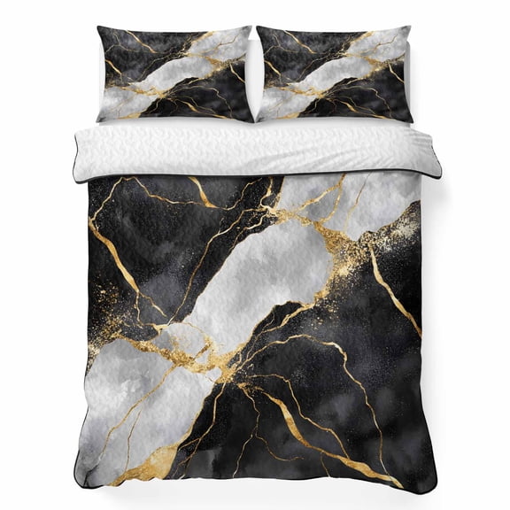 King Quilt Bedding Set Black Grey Gold Marble Texture Lightweight Summer Quilted Coverlet for Hot Sleepers, Luxury Pattern Flow Stone Breathable Soft Blanket with 2 Pillow Shams for All Season