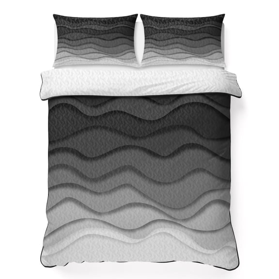 King Quilt Bedding Set, Black Grey Gradient Wave Soft Microfiber Summer Bedspread Coverlet with 2 Pillow Shams for All Season, Abstract Geometric Breathable Bedding Set for Hot Sleepers
