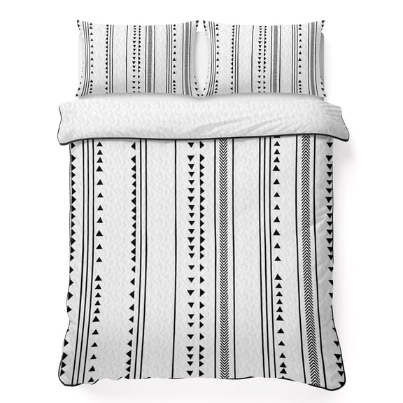 King Quilt Bedding Set Black White Stripes Triangles Boho Style Summer Quilt Lightweight Quilted Coverlet with 2 Pillow Shams, Geometric Abstract Art 3-Piece Bedspread Quilt Set for All Season