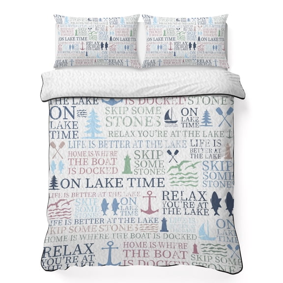 King Quilt Bedding Set, Blue Anchor Paddle Sailboat Lighthouse Tree 3 Piece Bedding Set Lightweight Breathable Quilt with 2 Pillow Shams, Ocean Fish Soft Microfiber Summer Comforter for Hot Sleepers