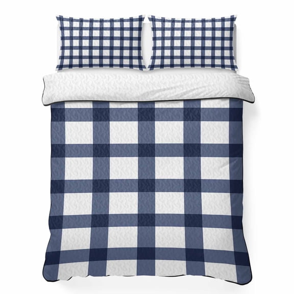 King Quilt Bedding Set, Blue Gingham Check Farm Style Soft Microfiber Summer Bedspread Coverlet with 2 Pillow Shams for All Season, White Check Plaid Breathable Bedding Set for Hot Sleepers