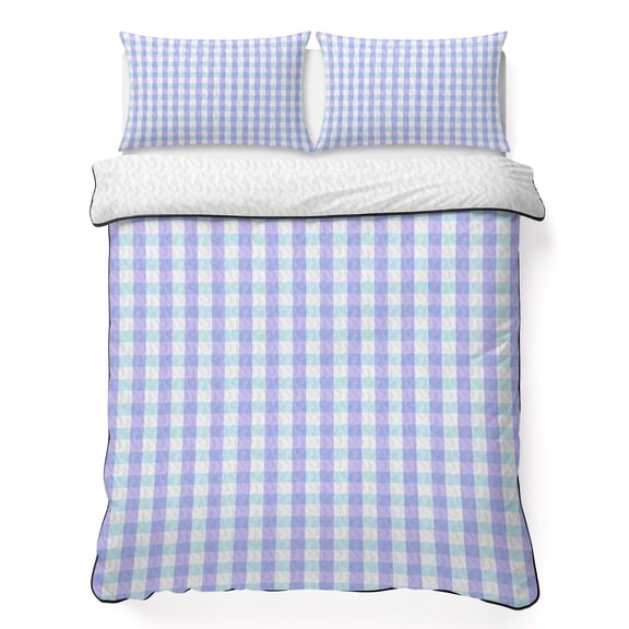 King Quilt Bedding Set, Blue Gingham Check Soft Microfiber Summer Bedspread Coverlet with 2 Pillow Shams for All Season, Farm Buffalo Plaid Breathable Bedding Set for Hot Sleepers