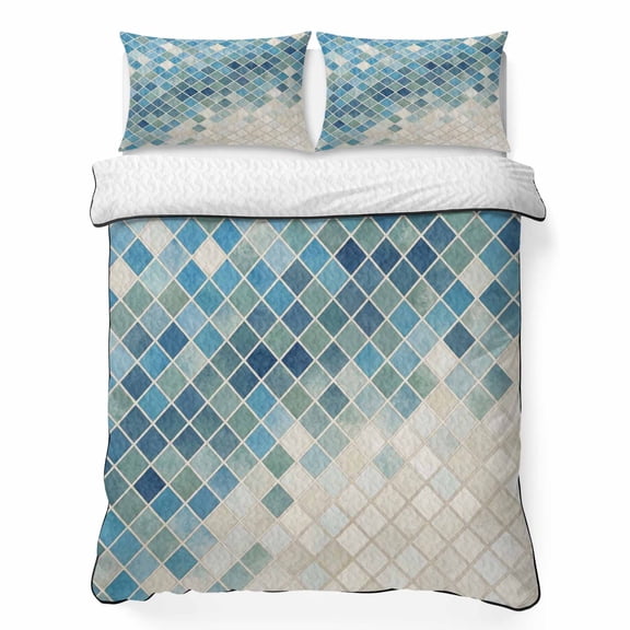 King Quilt Bedding Set, Blue Gradient Mosaic Abstract Geometric Soft Microfiber Summer Bedspread Coverlet with 2 Pillow Shams for All Season, Gingham Check Breathable Bedding Set for Hot Sleepers