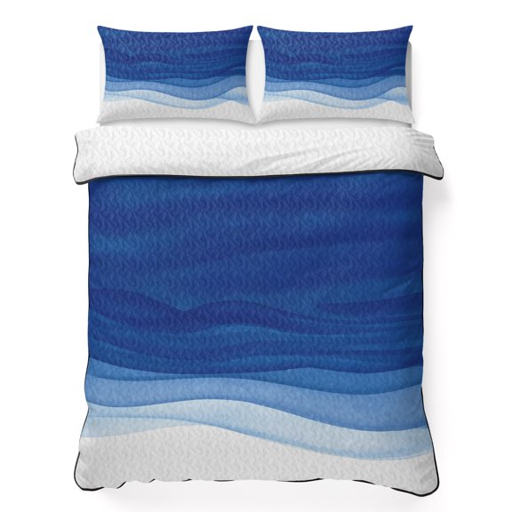 King Quilt Bedding Set Blue Gradient Ripple Shadow Summer Quilt Lightweight Quilted Coverlet with 2 Pillow Shams, Ombre Abstract Geometric 3-Piece Bedspread Quilt Set for All Season