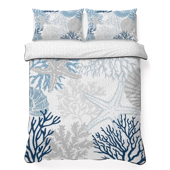 King Quilt Bedding Set Blue Gray Corals Starfish Breathable Summer Cooling Blanket for Hot Sleepers, Marine Life Shell Conch Lightweight Soft Bedding Set with 2 Pillow Shams for All Season