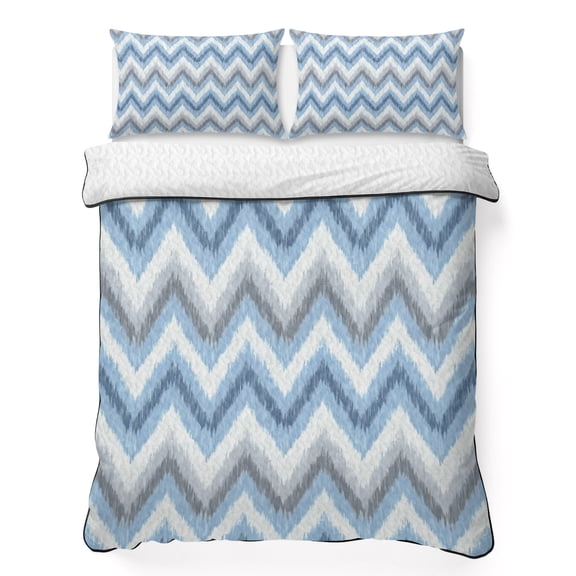 King Quilt Bedding Set Blue Gray Zigzag Chevron Lightweight Summer Quilted Coverlet for Hot Sleepers, Abstract Geometric Water Ripple Breathable Soft Blanket with 2 Pillow Shams for All Season